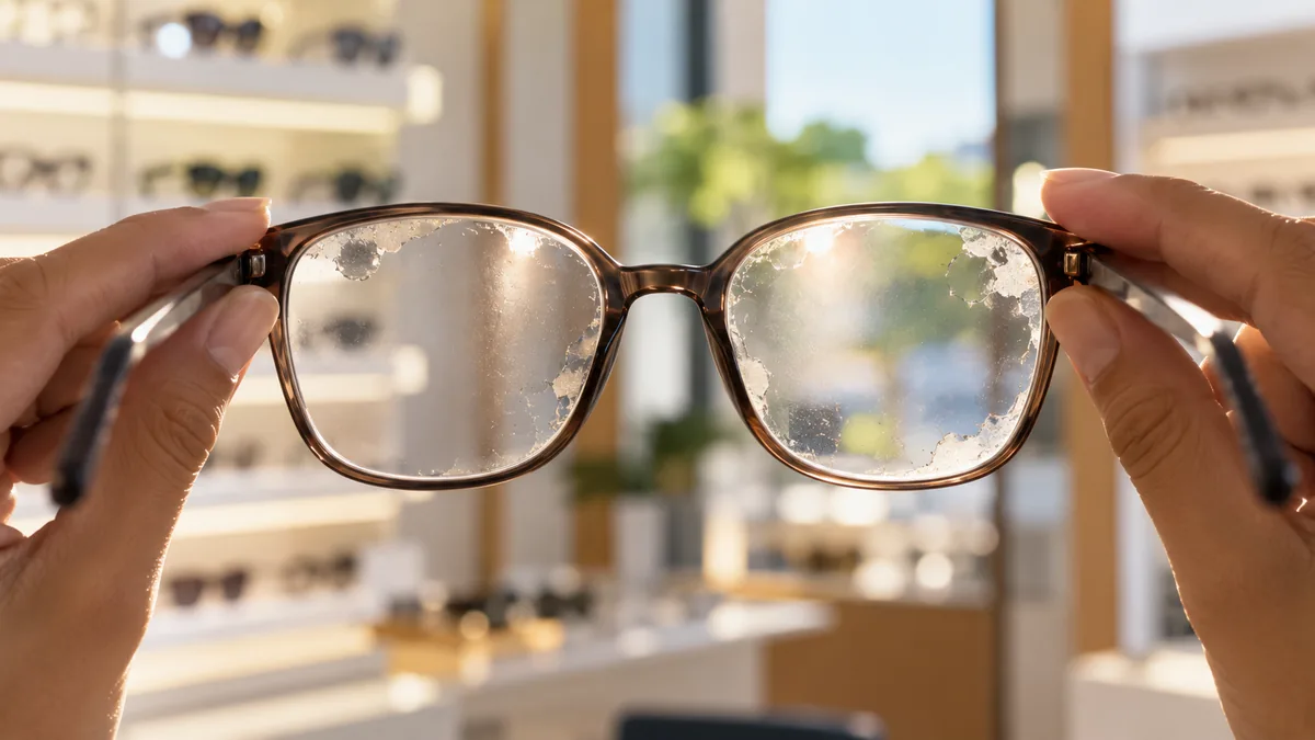 Óculos com o antirreflexo descascando nas lentes, visto contra a luz