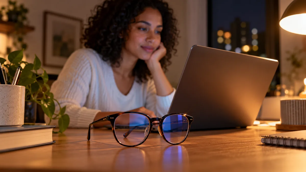 Óculos diante de um notebook à noite, com reflexo azulado da tela na lente