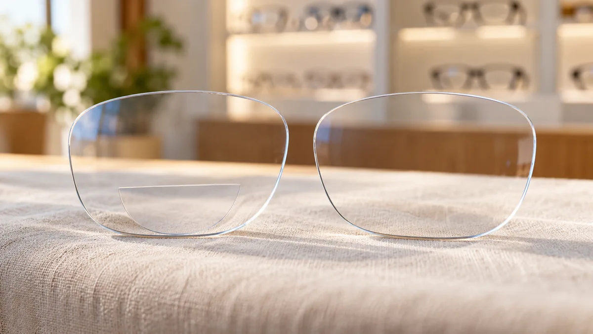 Lente bifocal com a meia-lua de leitura ao lado de uma lente multifocal sem divisão