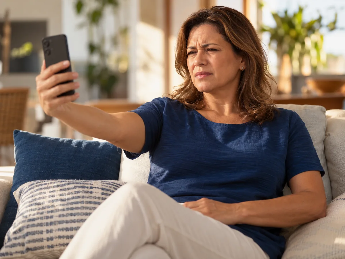 Mulher afastando o celular do rosto para conseguir ler, sinal de presbiopia