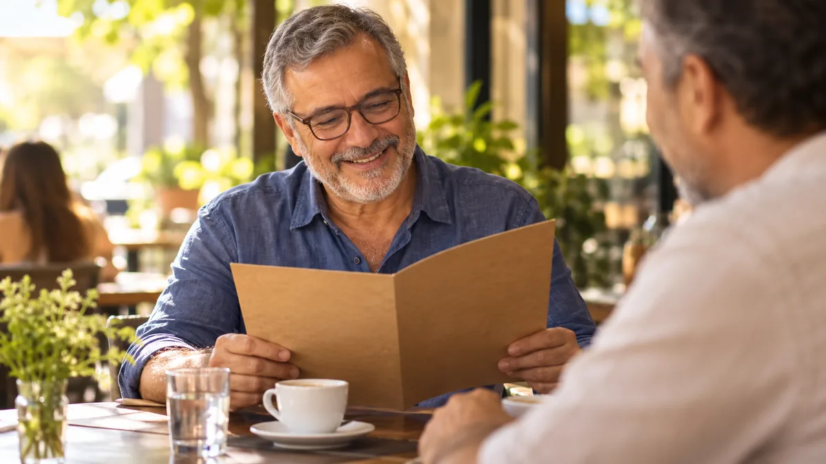 Homem de óculos multifocais lendo o cardápio e conversando à mesa de um café