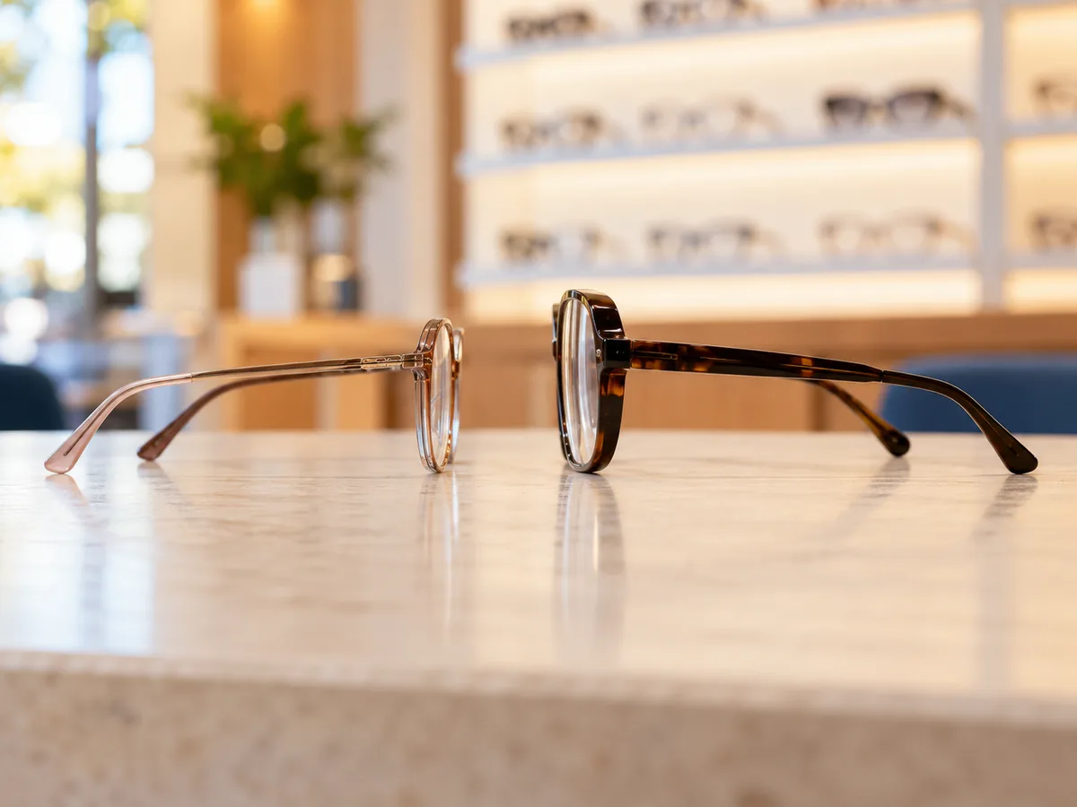 Duas armações com lentes de grau vistas de lado: armação menor com lente mais fina