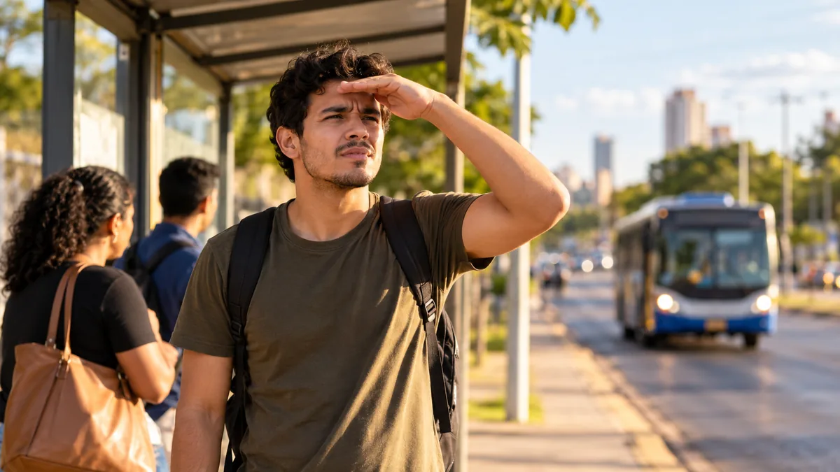 Rapaz apertando os olhos para ver o ônibus ao longe num ponto de Cuiabá, sinal de miopia