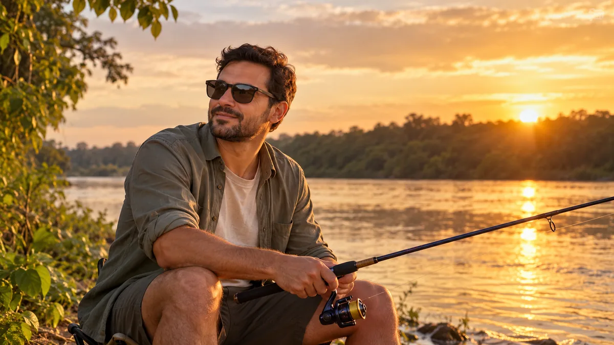 Homem de óculos de sol polarizado pescando à beira do rio Cuiabá no fim da tarde