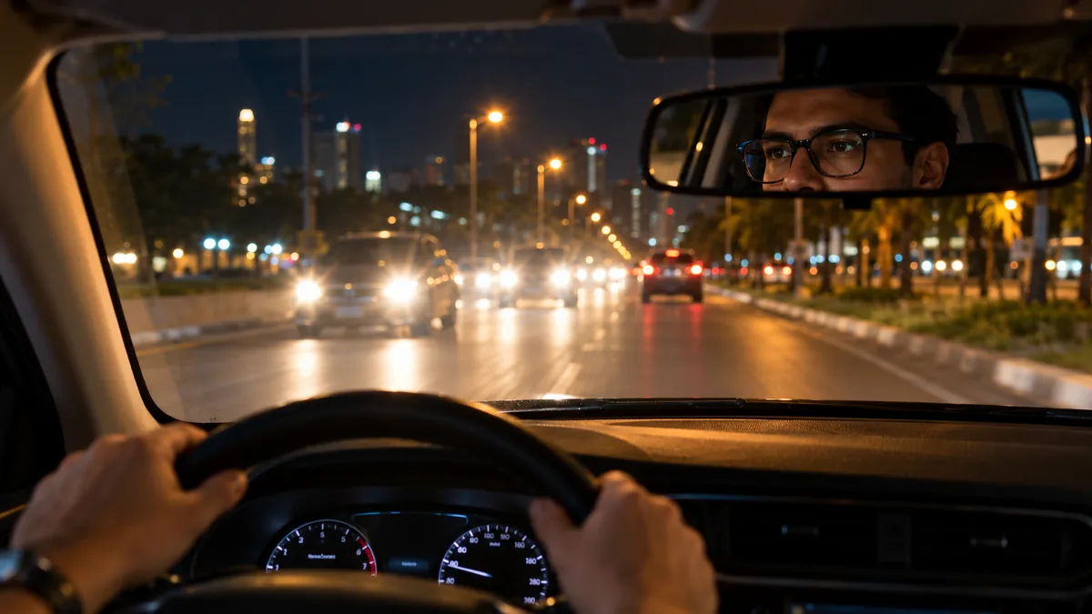 Visão do motorista à noite com o ofuscamento dos faróis numa avenida de Cuiabá