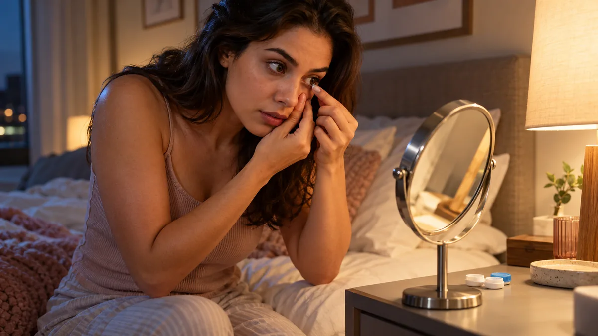 Mulher tirando a lente de contato antes de dormir, com o estojo ao lado