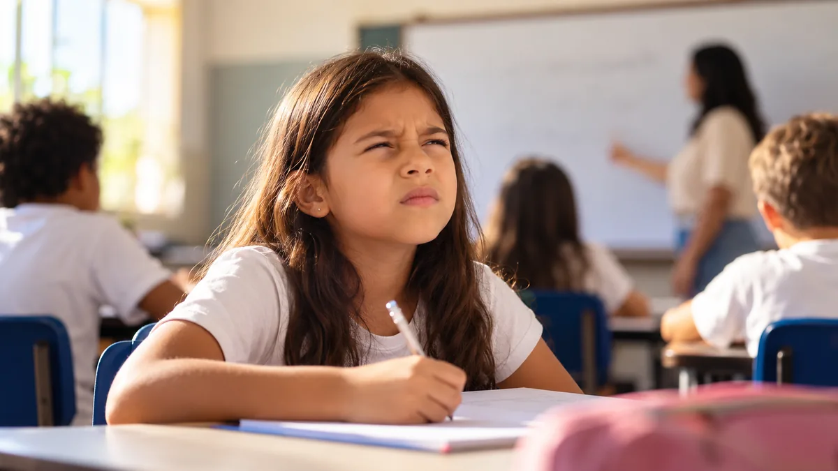 Menina apertando os olhos para enxergar o quadro na sala de aula