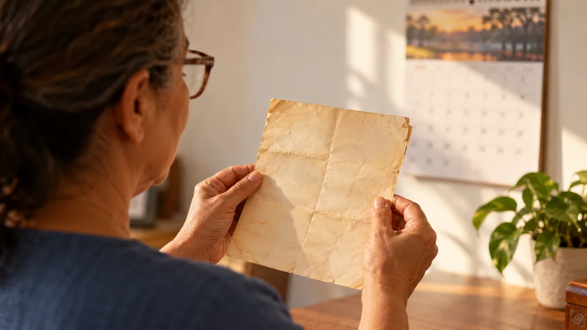 Mãos segurando uma receita de óculos antiga e amarelada