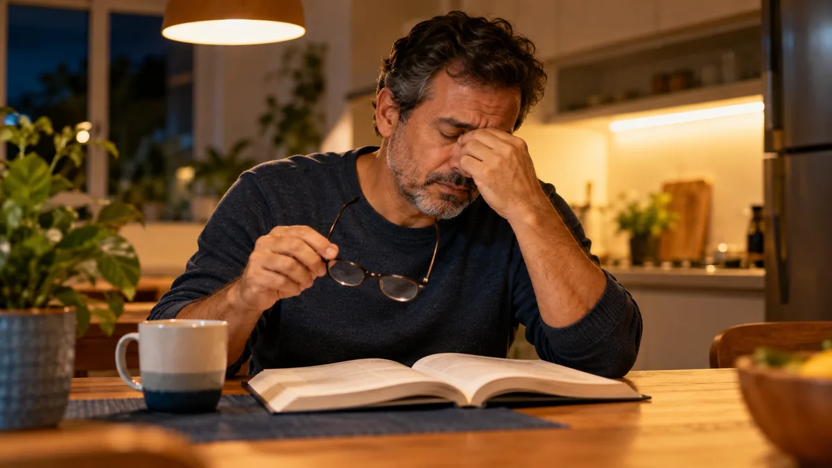 Homem esfregando os olhos cansados diante de um livro, sintoma de vista cansada