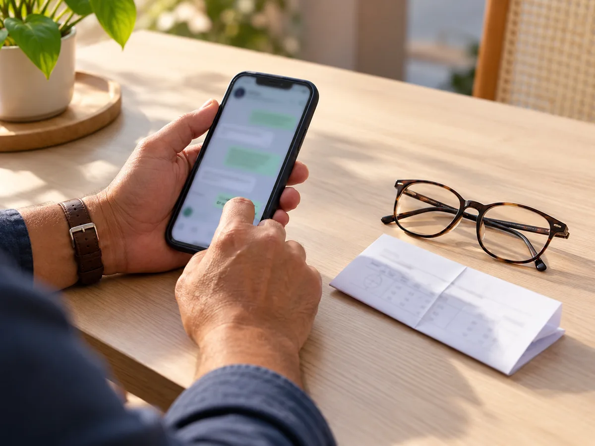 Celular com conversa de mensagens ao lado da receita e dos óculos, para pedir orçamento de óculos pelo WhatsApp