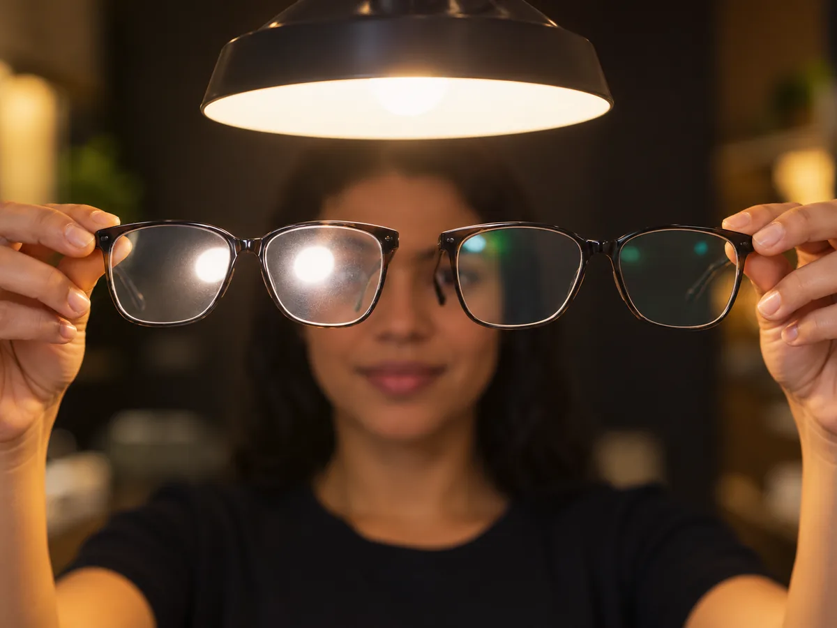 Dois óculos contra a luz: lente sem antirreflexo com reflexo forte e lente antirreflexo com reflexo fraco
