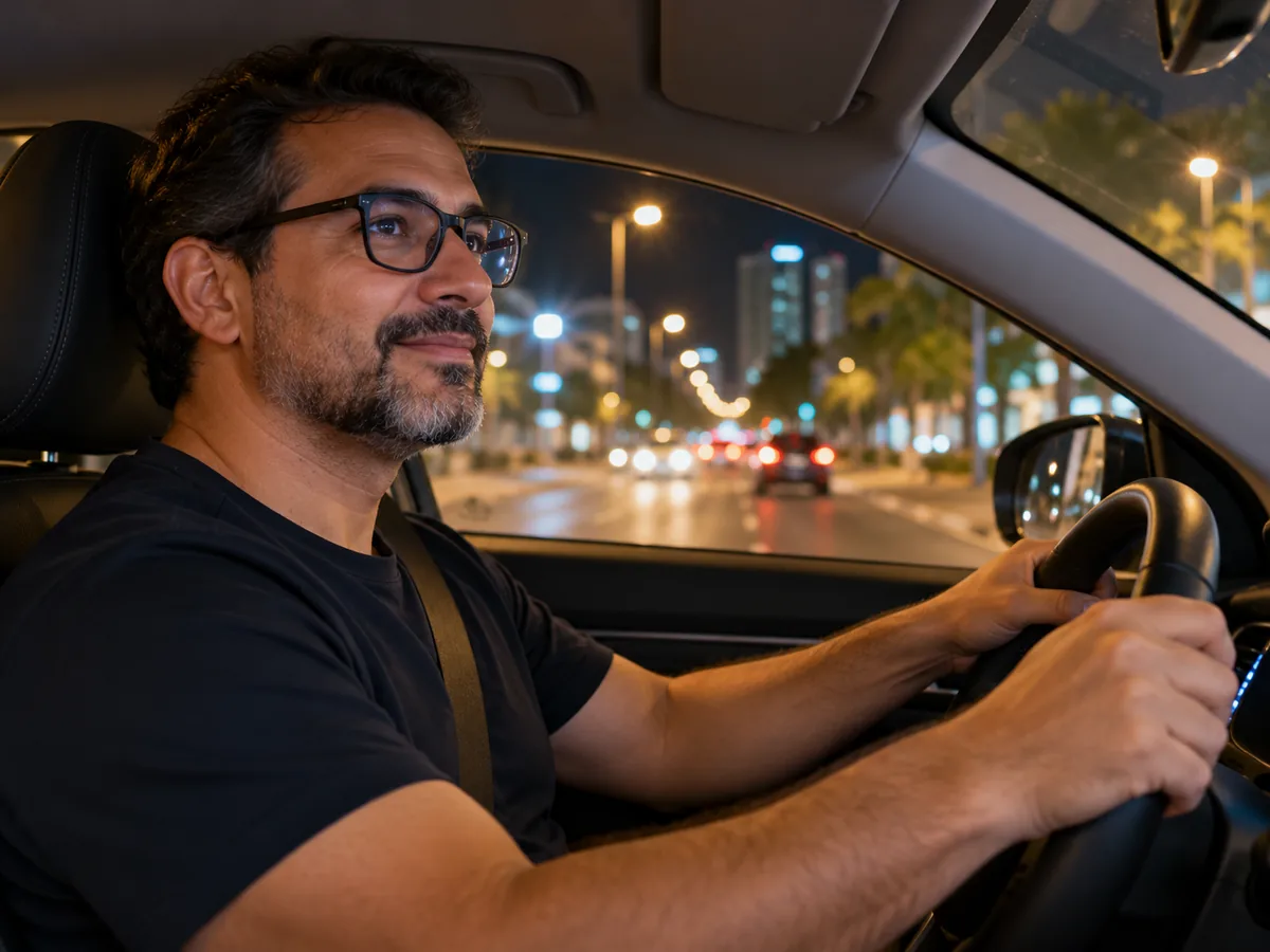 Homem de óculos com lente antirreflexo dirigindo à noite numa avenida de Cuiabá