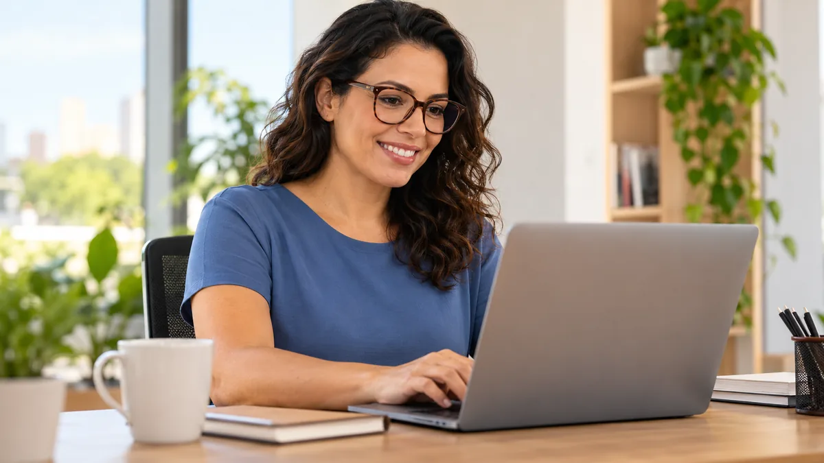 Mulher usando óculos com lente antirreflexo no notebook, sem reflexo da tela nas lentes