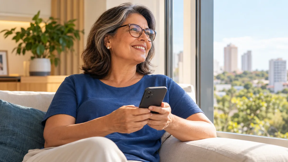 Mulher de óculos multifocais enxergando o celular de perto e a janela ao longe