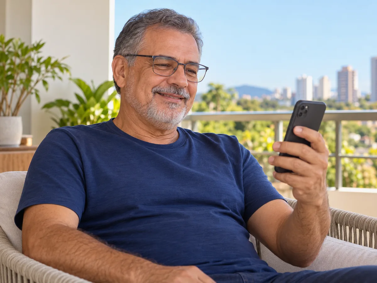 Homem lendo o celular de perto com lentes multifocais, sem tirar os óculos