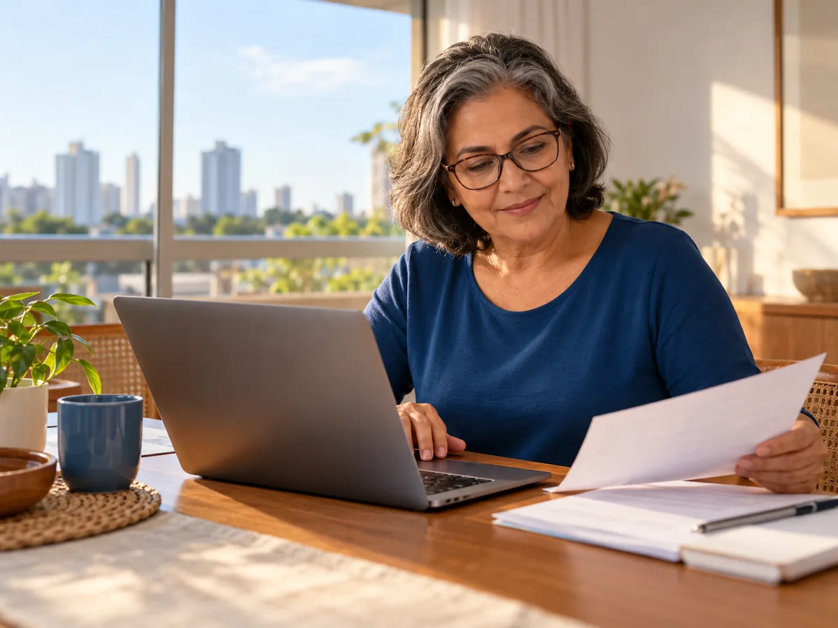Mulher de óculos multifocais alternando o olhar entre o notebook, o papel na mesa e a janela