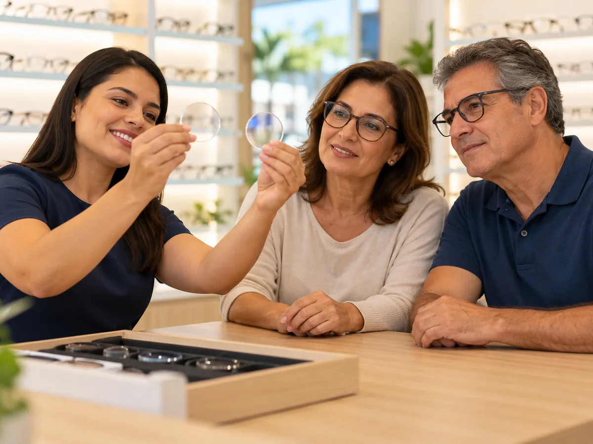 Atendente mostrando lentes para óculos de demonstração a um casal no balcão da ótica