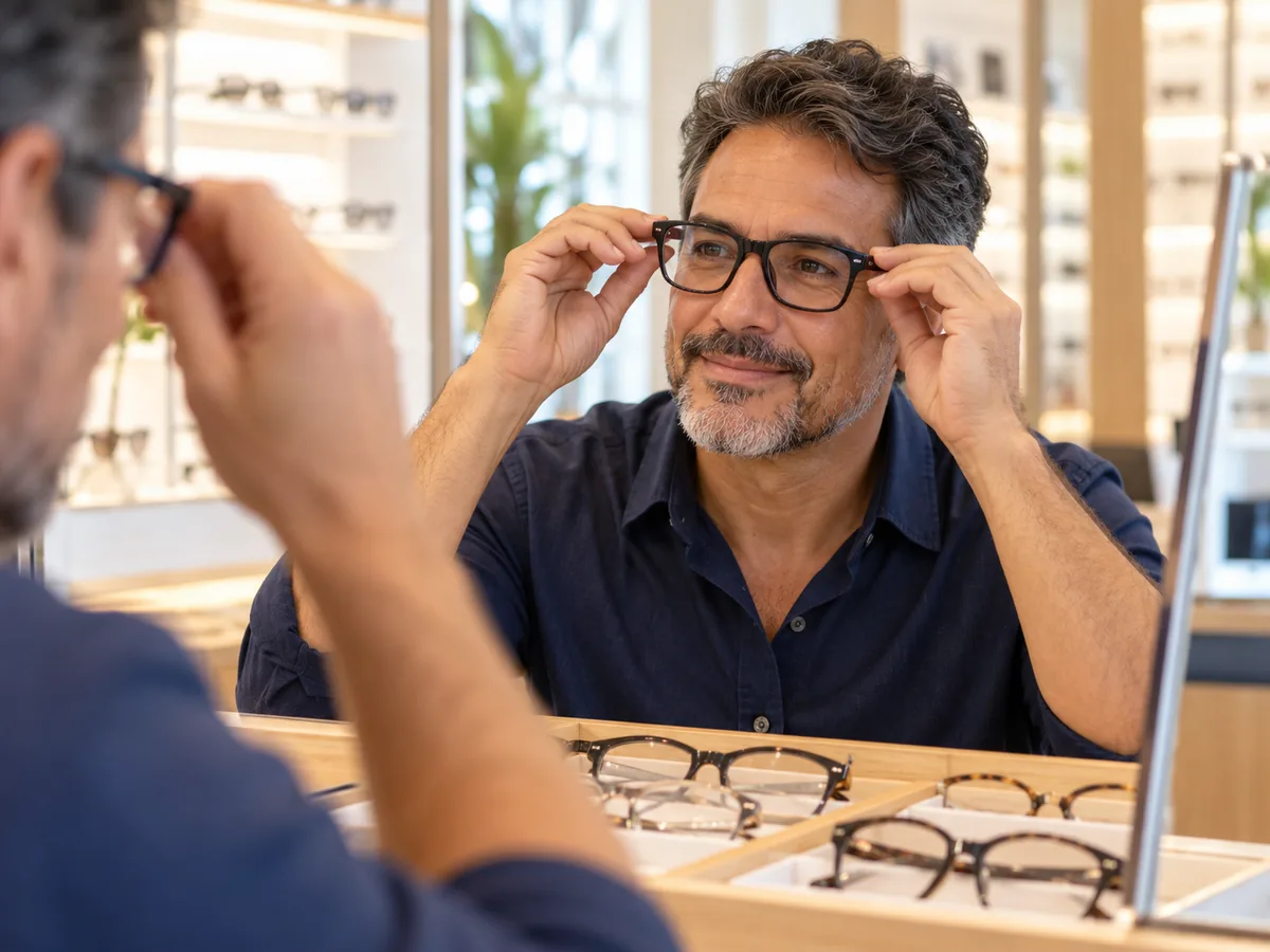 Homem provando uma armação de óculos de acetato diante do espelho da ótica