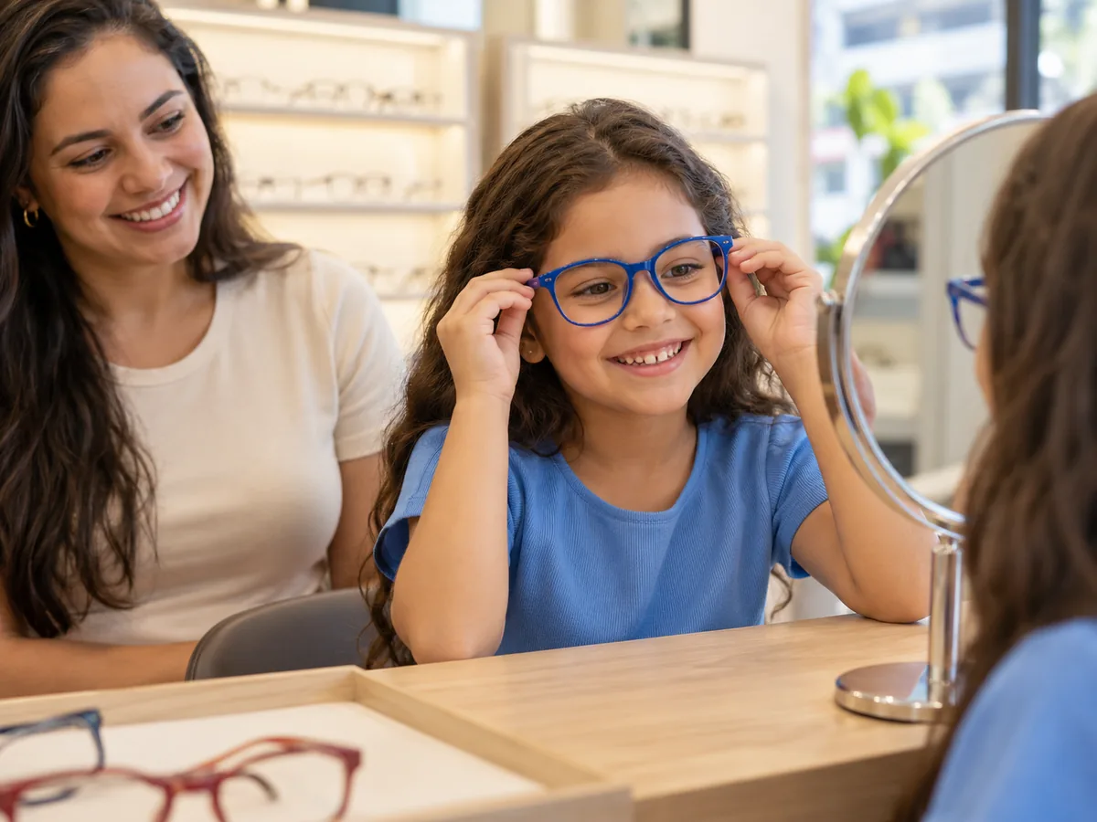 Menina experimentando uma armação infantil de óculos de grau diante do espelho da ótica