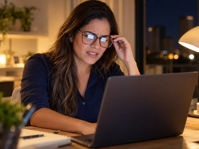 Mulher de óculos incomodada com o reflexo da tela do notebook à noite