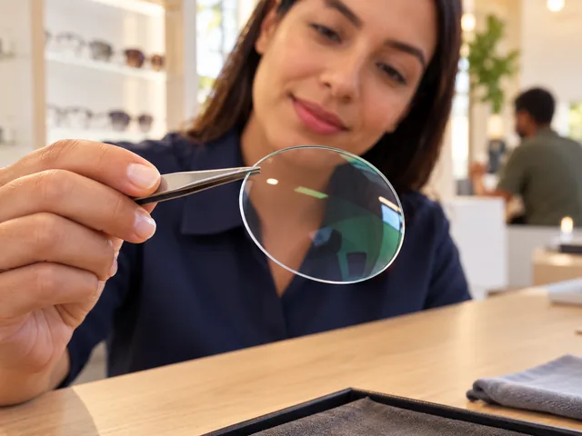 Lente de óculos com o reflexo esverdeado do tratamento antirreflexo