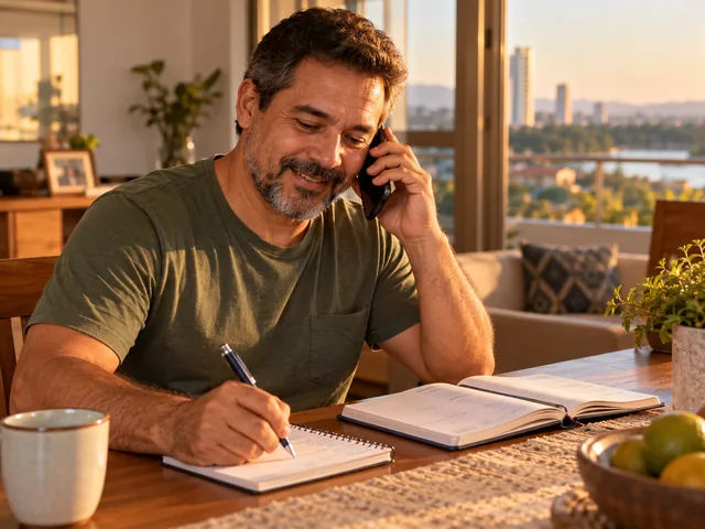 Homem em casa ao telefone anotando o dia e o horário da visita da ótica