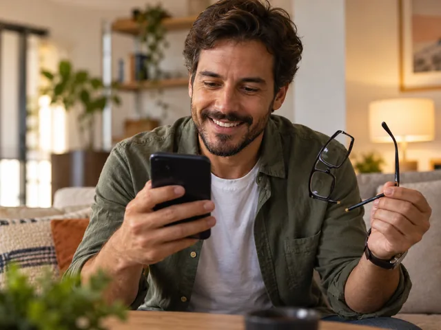 Homem lendo no celular a avaliação do conserto, com os óculos quebrados na mão