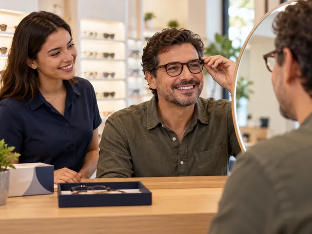 Cliente conferindo no espelho os óculos consertados