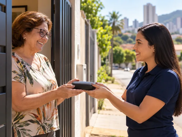 Atendente entregando o estojo de óculos a uma cliente no portão de casa