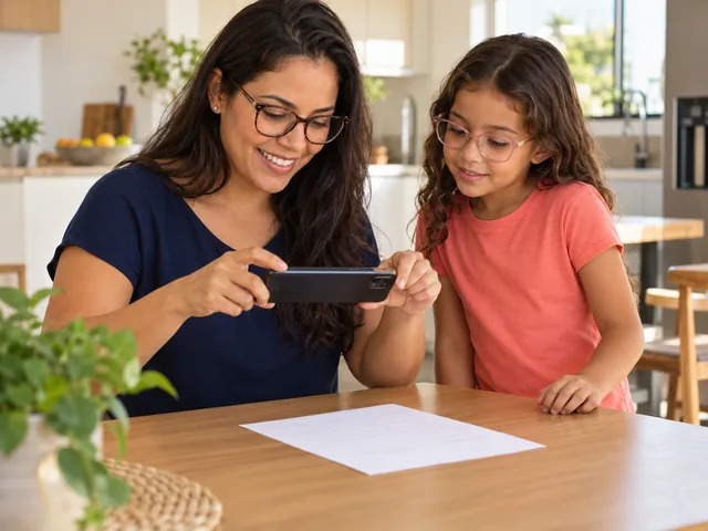 Mãe fotografando a receita de óculos da filha com o celular