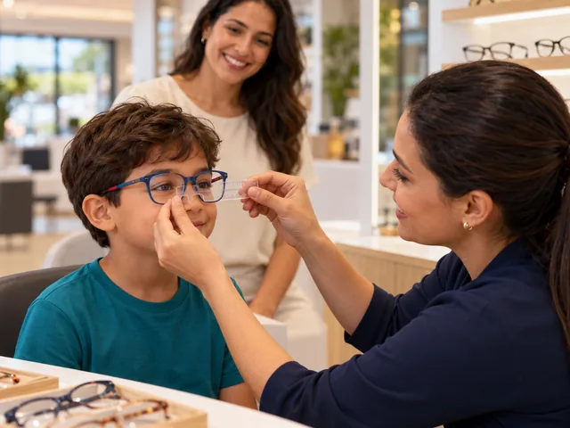 Menino provando armação infantil enquanto a atendente toma as medidas