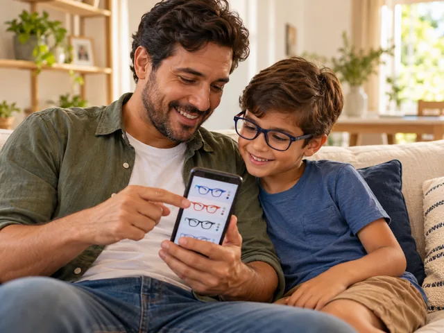 Pai e filho vendo no celular as armações infantis do orçamento