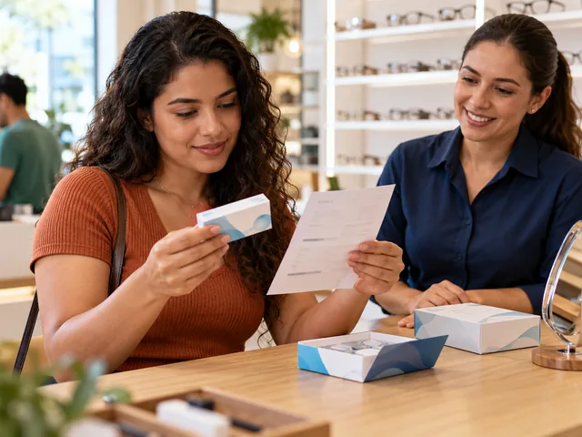 Cliente conferindo a caixa de lente de contato com a receita na retirada