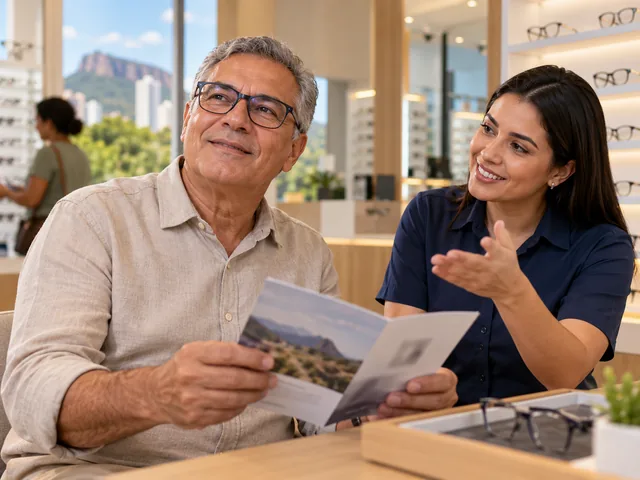 Senhor com óculos multifocais novos recebendo as orientações de adaptação