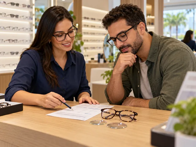 Atendente comparando item por item o orçamento de outra ótica com o cliente