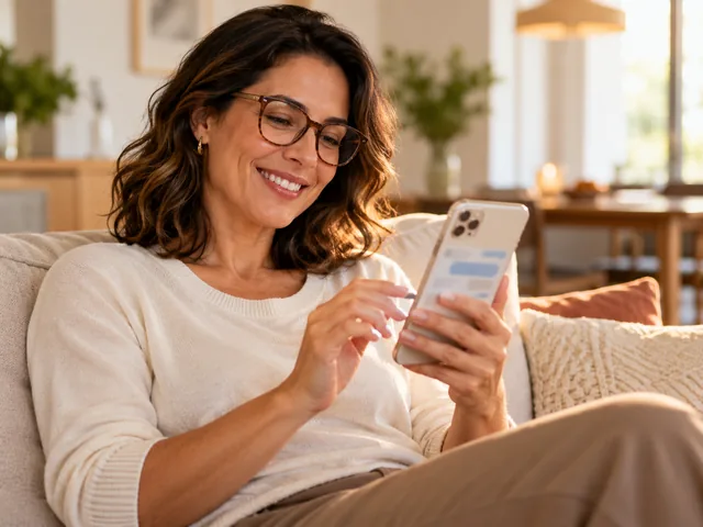 Mulher no sofá lendo no celular o orçamento dos óculos