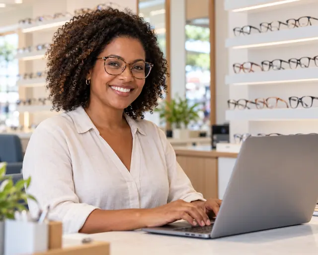Mulher com óculos de lentes antirreflexo trabalhando no notebook