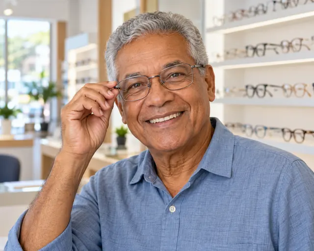 Senhor sorrindo e ajustando os óculos de grau de armação fina
