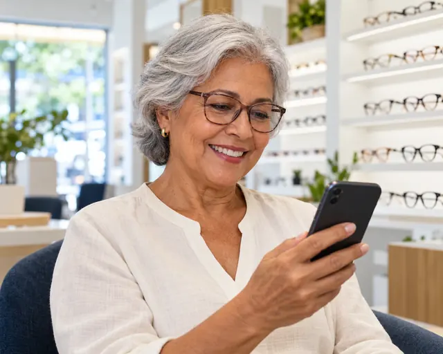 Senhora com óculos de lentes multifocais lendo no celular
